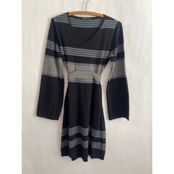 PRANA SYDNEY SWEATER DRESS WITH TIE WAIST FLARED SLEEVE GRAY BLACK SIZE MED - Picture 1 of 15